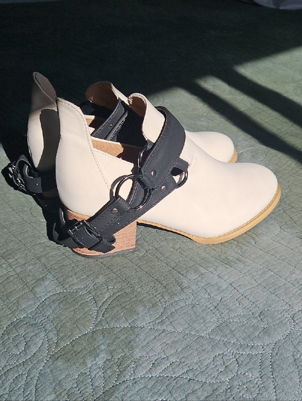 Cream Ankle Booties with Black Harness Strap